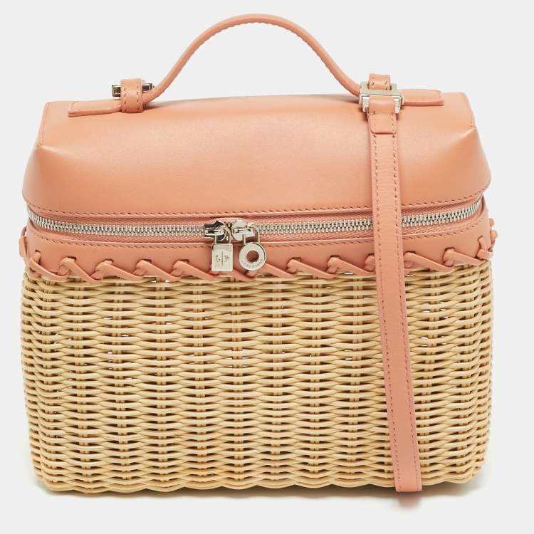 Pre Owned Loro Piana L19 Wicker Cream/Peach Rattas and Leather Top Handle Bag
