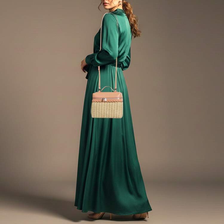 Pre Owned Loro Piana L19 Wicker Cream/Peach Rattas and Leather Top Handle Bag