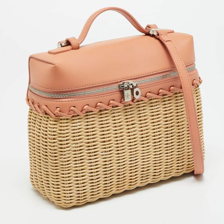 Pre Owned Loro Piana L19 Wicker Cream/Peach Rattas and Leather Top Handle Bag