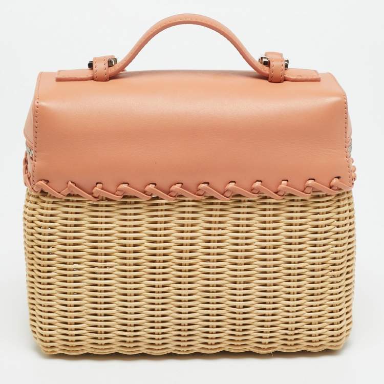 Pre Owned Loro Piana L19 Wicker Cream/Peach Rattas and Leather Top Handle Bag