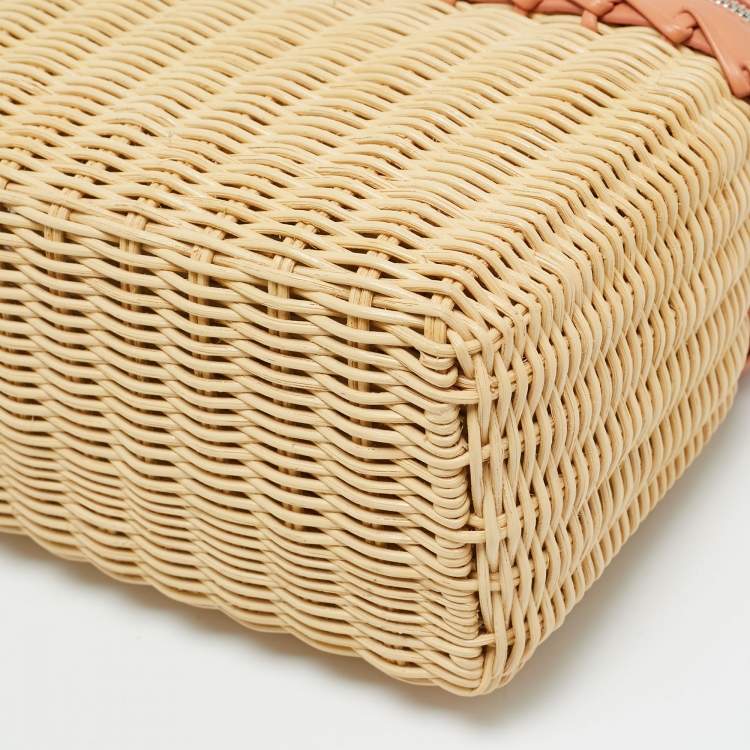 Pre Owned Loro Piana L19 Wicker Cream/Peach Rattas and Leather Top Handle Bag