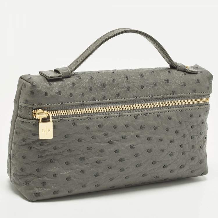 Pre Owned Loro Piana L19 Grey Ostrich Extra Pocket Pouch Clutch