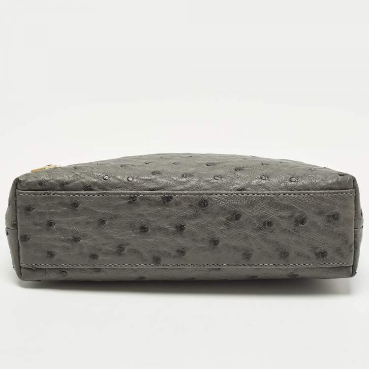 Pre Owned Loro Piana L19 Grey Ostrich Extra Pocket Pouch Clutch