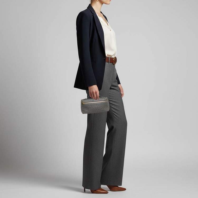 Pre Owned Loro Piana L19 Grey Ostrich Extra Pocket Pouch Clutch