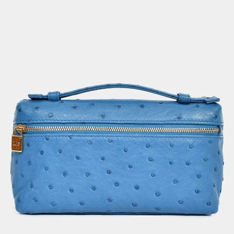 Pre Owned Loro Piana Blue Ostrich Leather L19 Top Handle Bag