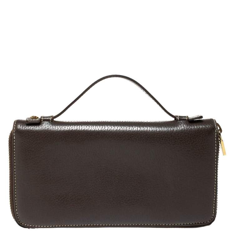 Pre Owned Loro Piana Dark Grey Leather Zip Around Pouch