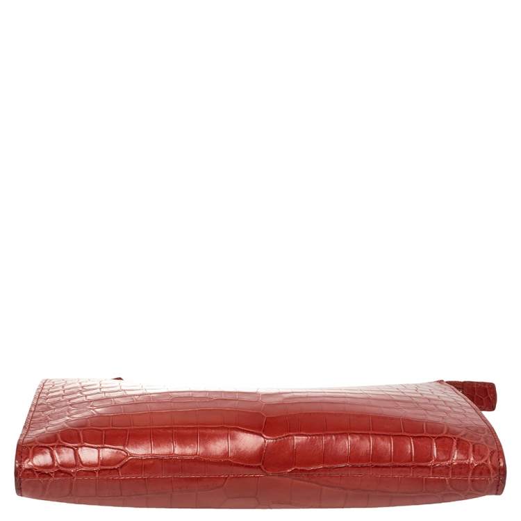 Pre Owned Loro Piana Red Crocodile Zipped Flat Pouch