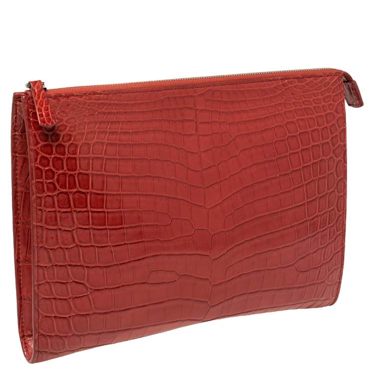 Pre Owned Loro Piana Red Crocodile Zipped Flat Pouch