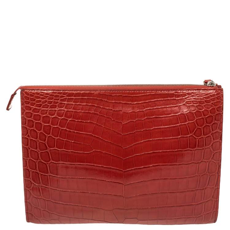 Pre Owned Loro Piana Red Crocodile Zipped Flat Pouch