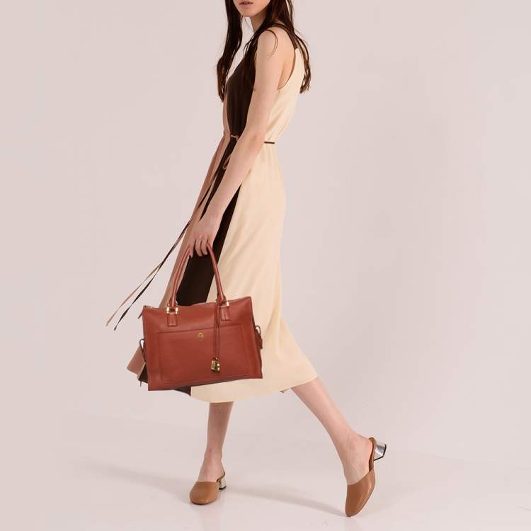 Loro Piana Tan Canvas and Orange Leather Handbag