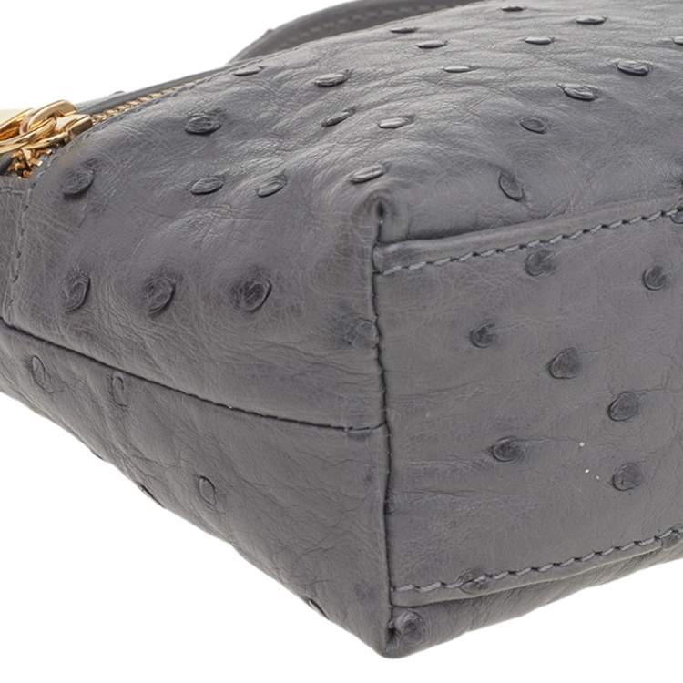 Pre Owned Loro Piana Grey Ostrich Zip L19 Pouch