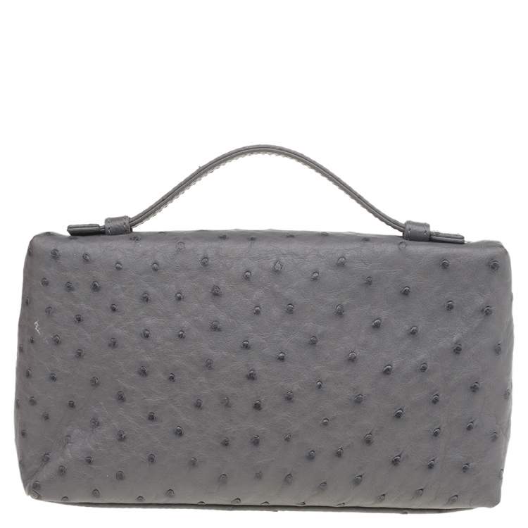 Pre Owned Loro Piana Grey Ostrich Zip L19 Pouch