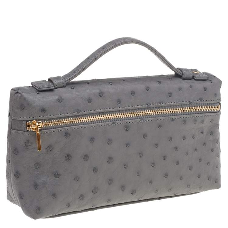 Pre Owned Loro Piana Grey Ostrich Zip L19 Pouch