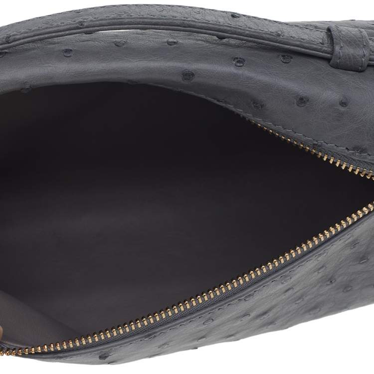 Pre Owned Loro Piana Grey Ostrich Zip L19 Pouch