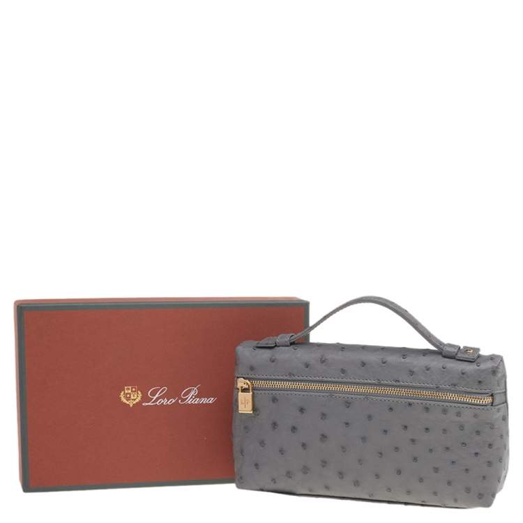 Pre Owned Loro Piana Grey Ostrich Zip L19 Pouch