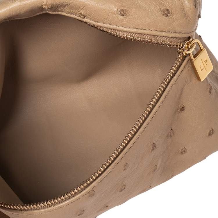 Pre Owned Loro Piana Beige Ostrich Leather Zip L19 Pouch