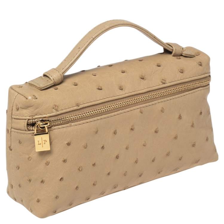 Pre Owned Loro Piana Beige Ostrich Leather Zip L19 Pouch