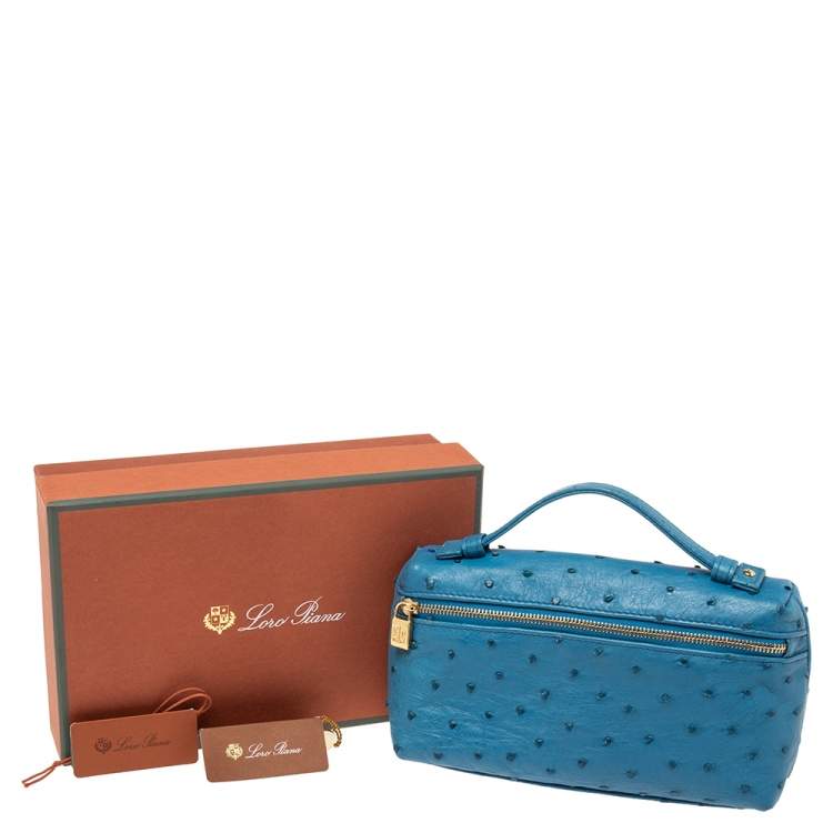 Pre Owned Loro Piana Blue Ostrich Zip L19 Pouch