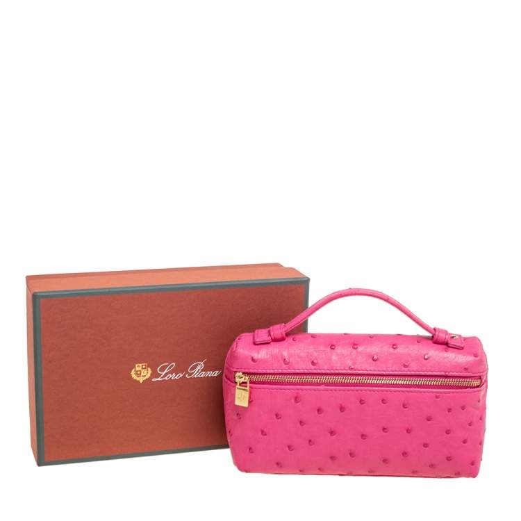 Pre Owned Loro Piana Pink Ostrich Leather Zip L19 Pouch