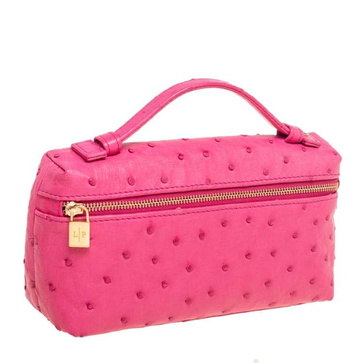 Pre Owned Loro Piana Pink Ostrich Leather Zip L19 Pouch