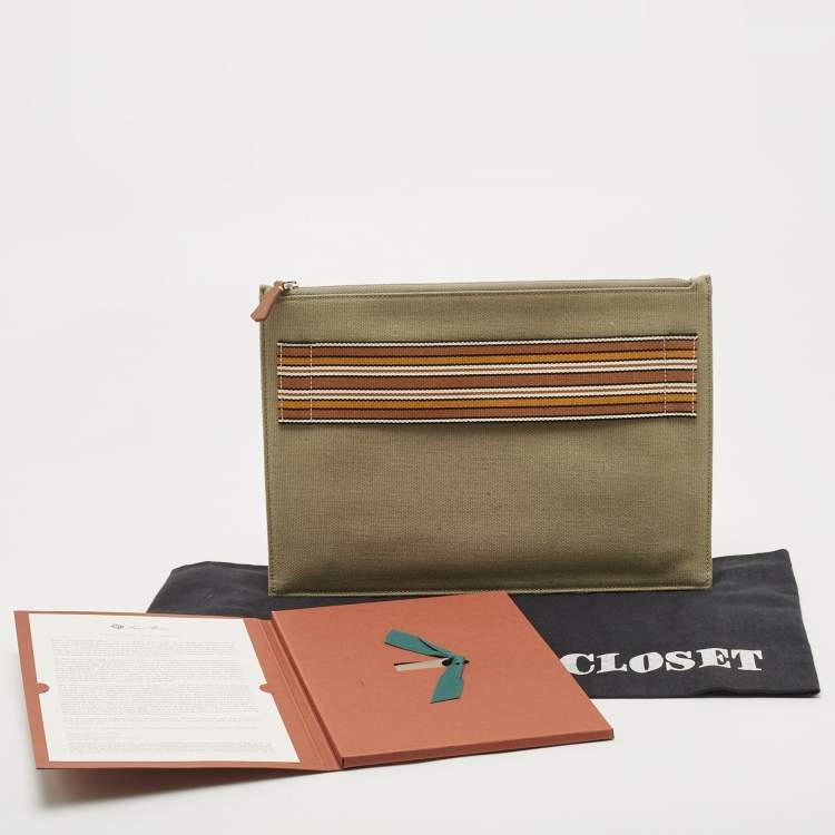 Pre Owned Loro Piana Green Canvas The Suitcase Stripe Pouch