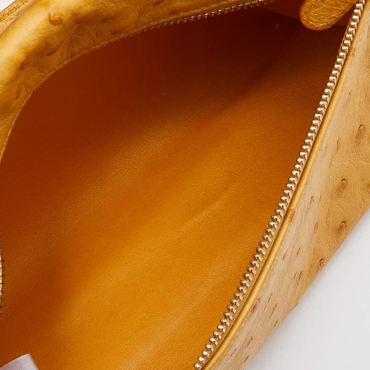 Pre Owned Loro Piana Mustard Ostrich Zip Crossbody Bag