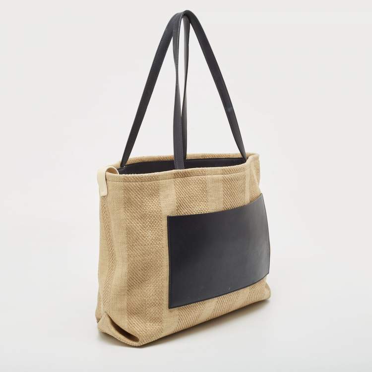 Pre Owned Loro Piana Cream/Black Raffia and Leather Inside Out Tote