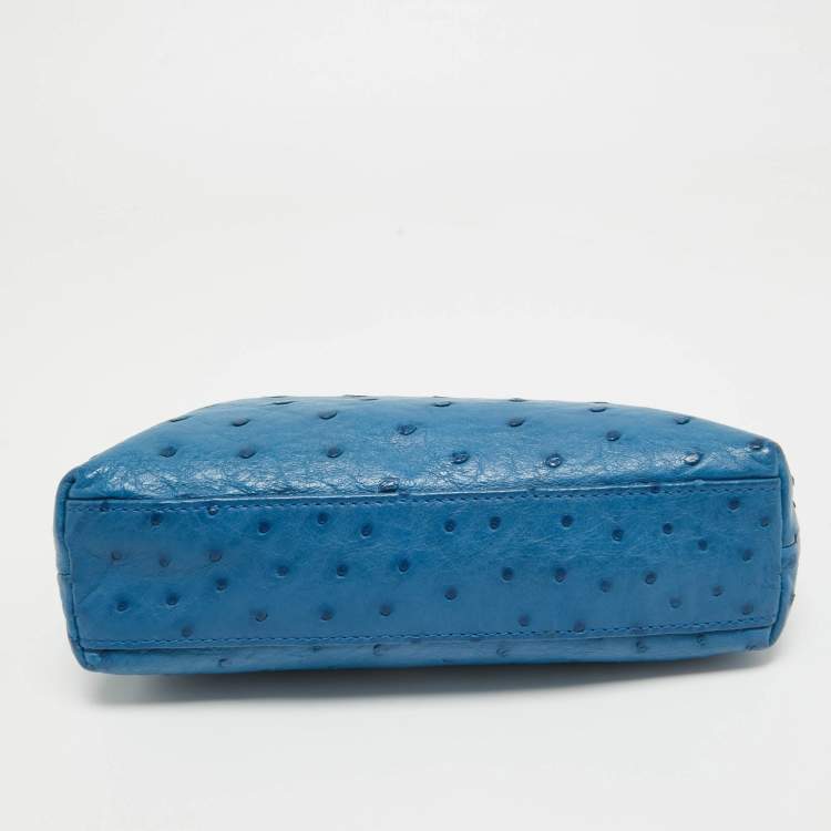Pre Owned Loro Piana Blue Ostrich Leather Zip Pouch