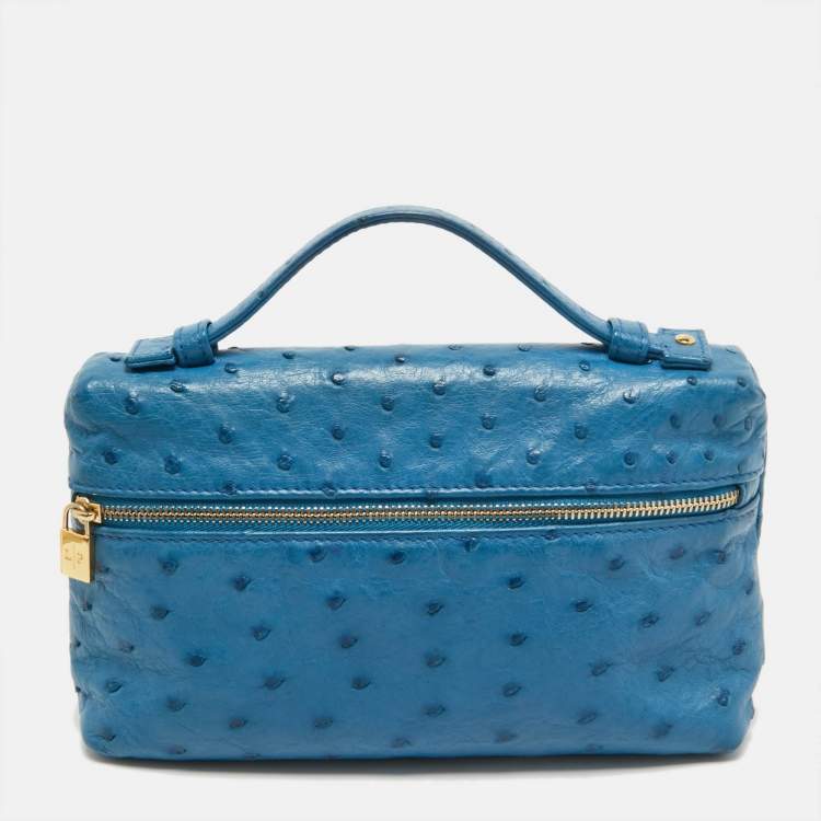 Pre Owned Loro Piana Blue Ostrich Leather Zip Pouch