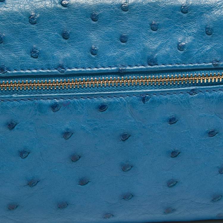 Pre Owned Loro Piana Blue Ostrich Leather Zip Pouch