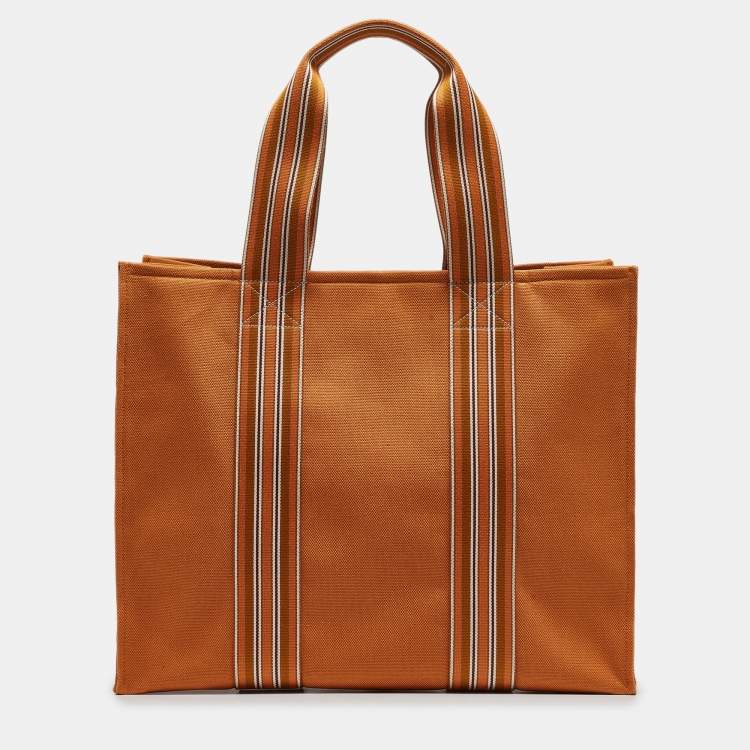 Pre Owned Loro Piana Orange Canvas The Suitcase Stripe East West Tote