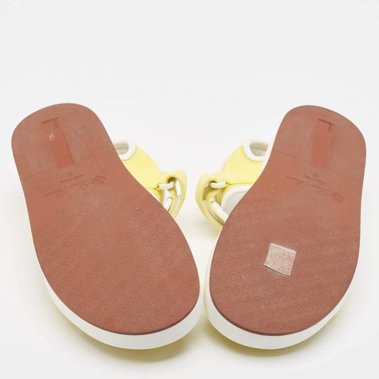 مملوكة مسبقًا Loro Piana Yellow/White Suede and Fabric Waikiki Sandals Size 37