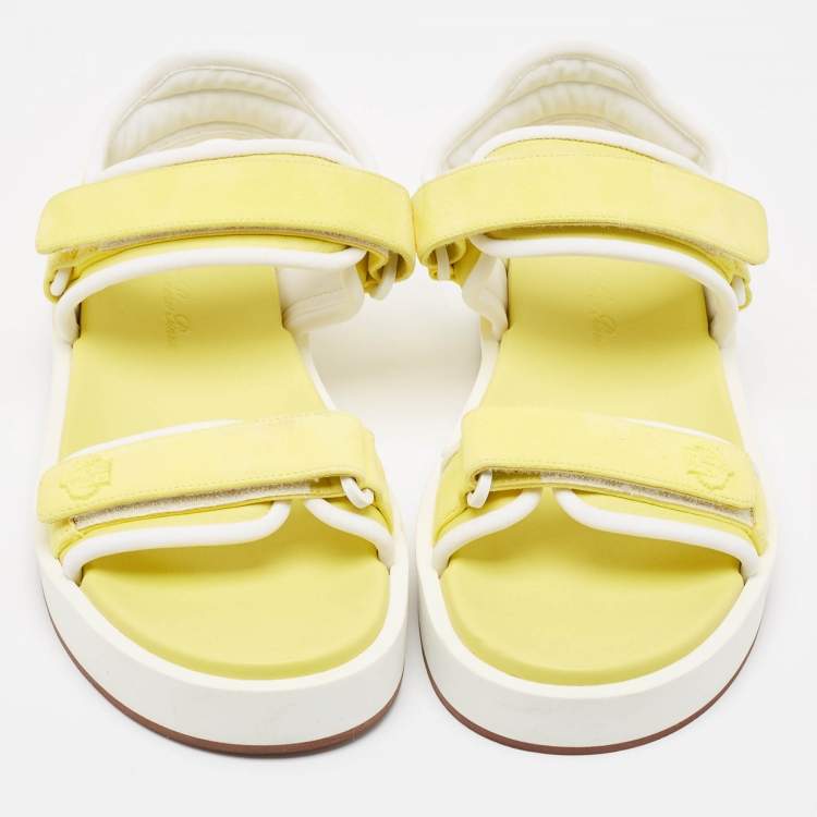 مملوكة مسبقًا Loro Piana Yellow/White Suede and Fabric Waikiki Sandals Size 37