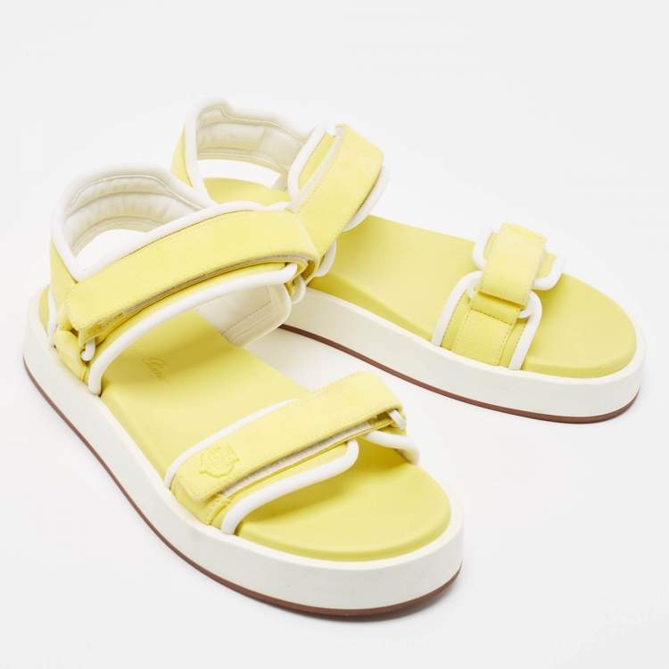 مملوكة مسبقًا Loro Piana Yellow/White Suede and Fabric Waikiki Sandals Size 37