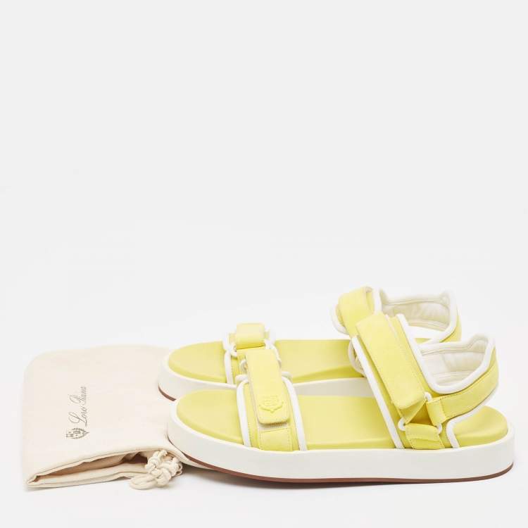 مملوكة مسبقًا Loro Piana Yellow/White Suede and Fabric Waikiki Sandals Size 37