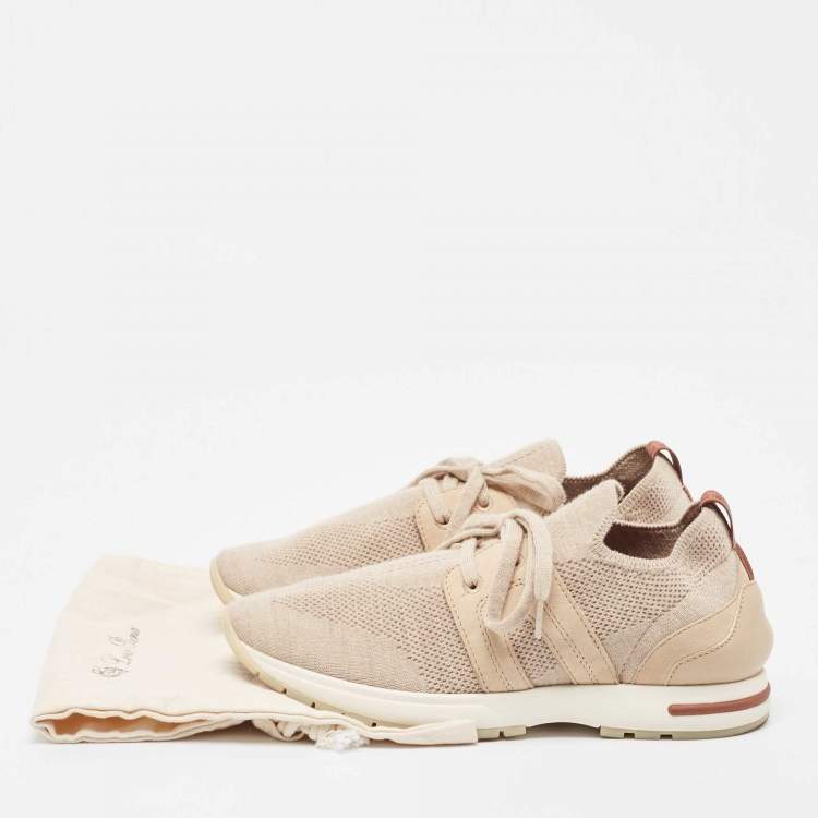 Pre Owned Loro Piana Beige Knit Fabric and Leather 360 LP Lady Flexi Walk Sneakers Size 35.5