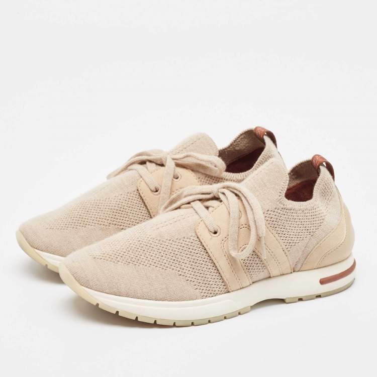 Pre Owned Loro Piana Beige Knit Fabric and Leather 360 LP Lady Flexi Walk Sneakers Size 35.5