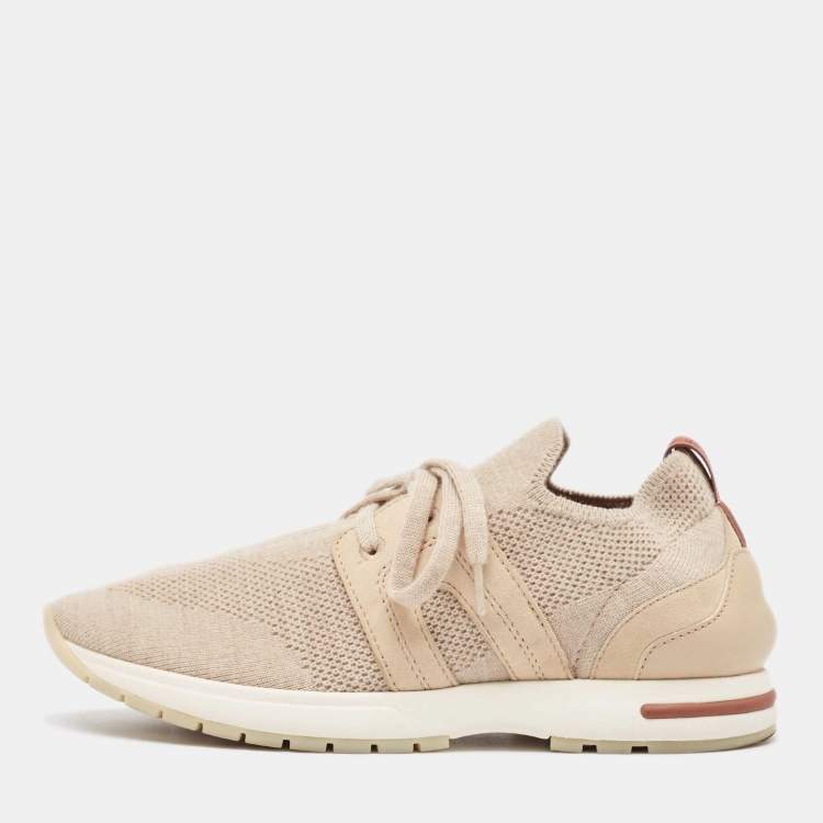 Pre Owned Loro Piana Beige Knit Fabric and Leather 360 LP Lady Flexi Walk Sneakers Size 35.5