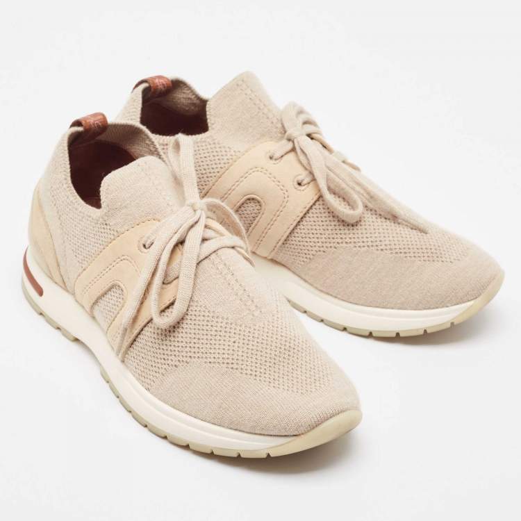 Pre Owned Loro Piana Beige Knit Fabric and Leather 360 LP Lady Flexi Walk Sneakers Size 35.5