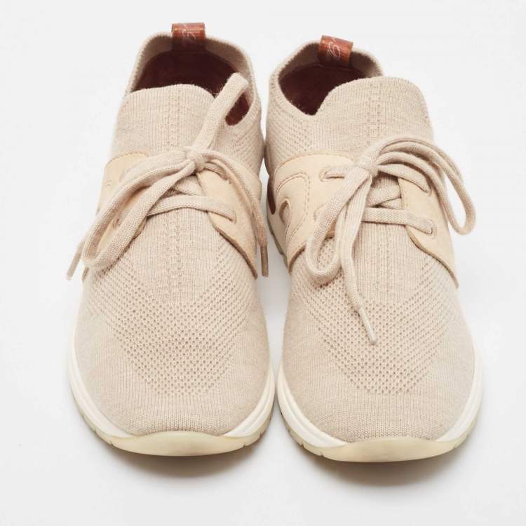 Pre Owned Loro Piana Beige Knit Fabric and Leather 360 LP Lady Flexi Walk Sneakers Size 35.5