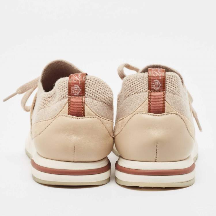 Pre Owned Loro Piana Beige Knit Fabric and Leather 360 LP Lady Flexi Walk Sneakers Size 35.5