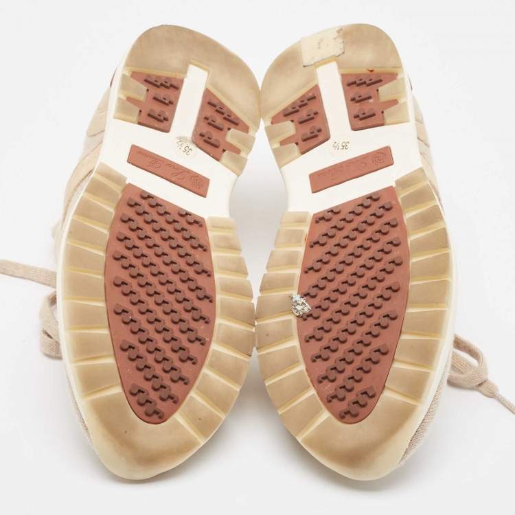 Pre Owned Loro Piana Beige Knit Fabric and Leather 360 LP Lady Flexi Walk Sneakers Size 35.5