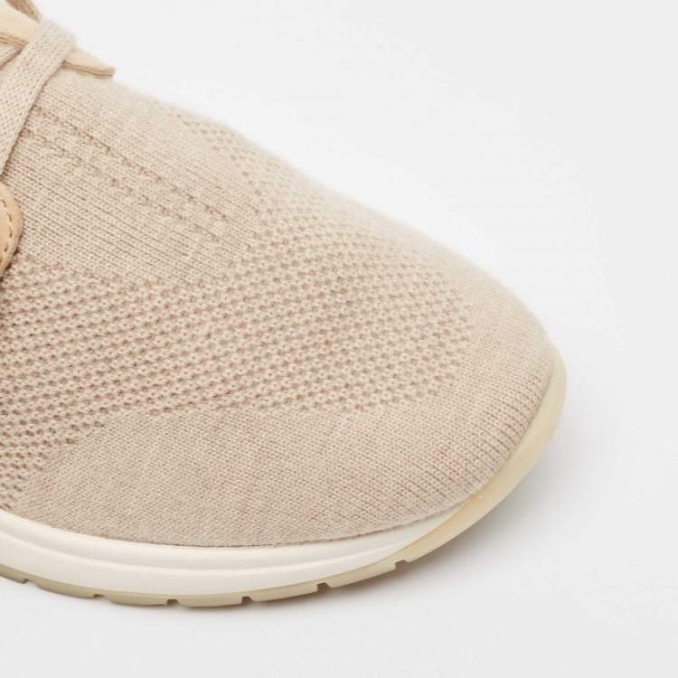 Pre Owned Loro Piana Beige Knit Fabric and Leather 360 LP Lady Flexi Walk Sneakers Size 35.5