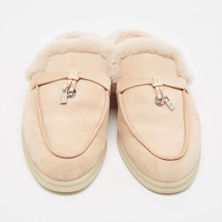 Pre Owned Loro Piana Peach Suede Babouche Charms Walk Flat Mules Size 37