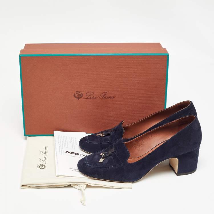 Pre Owned Loro Piana Navy Blue Suede Summer Charms Walk Block Heel Pumps Size 36.5