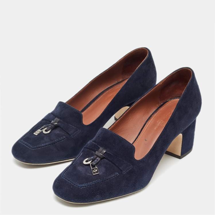 Pre Owned Loro Piana Navy Blue Suede Summer Charms Walk Block Heel Pumps Size 36.5
