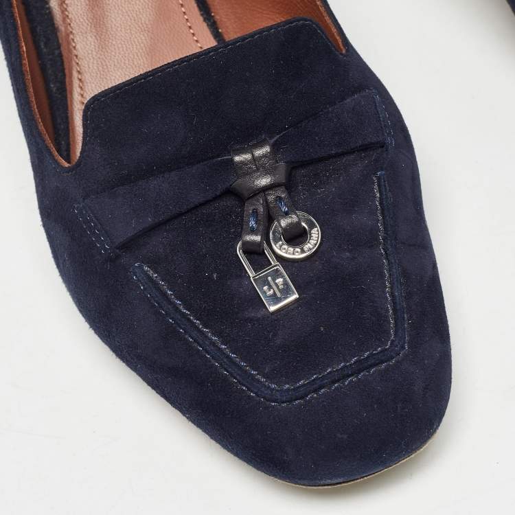 Pre Owned Loro Piana Navy Blue Suede Summer Charms Walk Block Heel Pumps Size 36.5