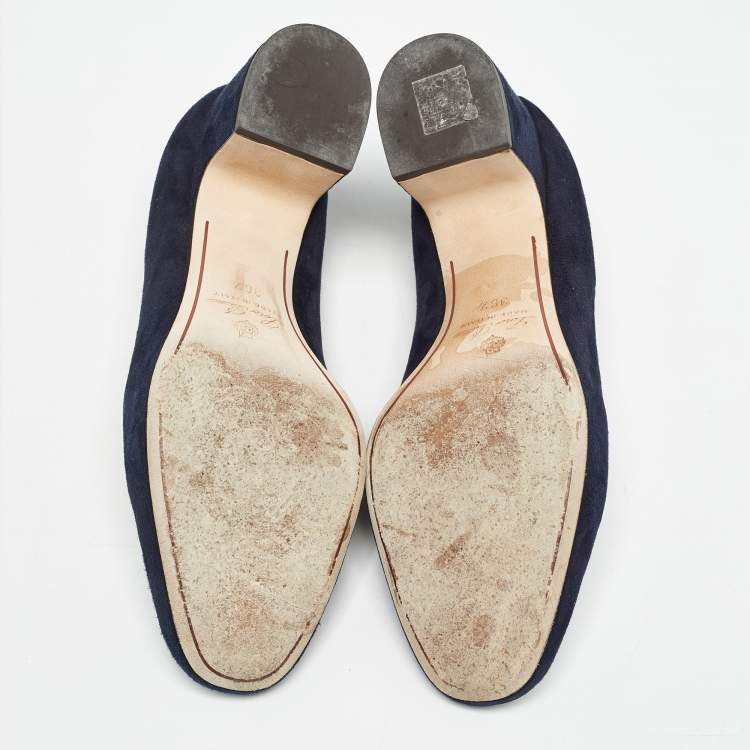 Pre Owned Loro Piana Navy Blue Suede Summer Charms Walk Block Heel Pumps Size 36.5