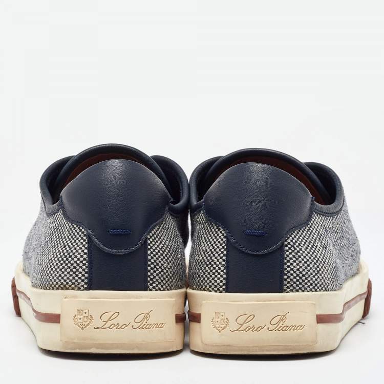 Pre Owned Loro Piana Cream/Navy Blue Canvas and Leather Low Top Sneakers Size 39