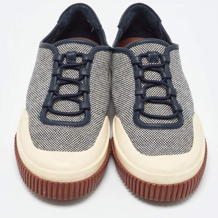 Pre Owned Loro Piana Cream/Navy Blue Canvas and Leather Low Top Sneakers Size 39